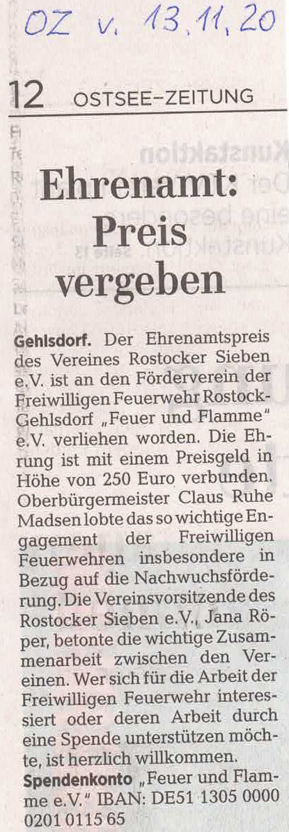 Ostsee-Zeitung Ehrenamtspreis 2020
